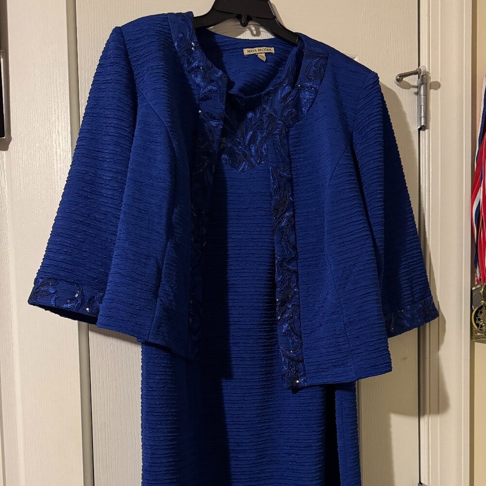 MAYA BROOKE WOMEN'S SAPPHIRE SLEEVELESS MIDI DRESS WITH OPEN CARDIGAN JACKET 18W